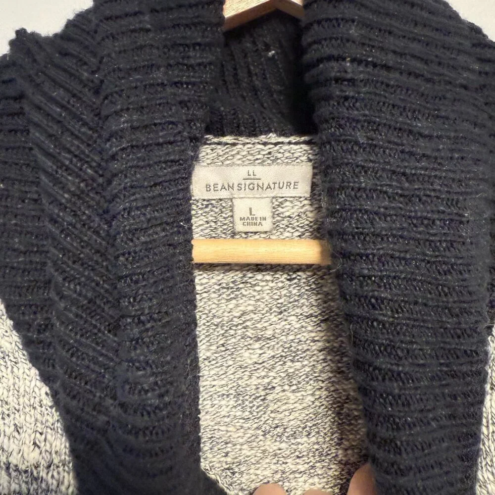 LL Bean Signature Cotton Linen Summer Cowl Neck Sweater Black Marl Large